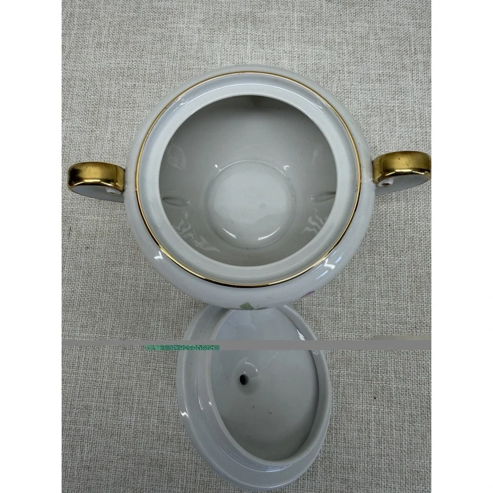 Tirschenreuth Bavaria Germany Floral Porcelain Sugar Bowl‎ w Lid Gold Trim